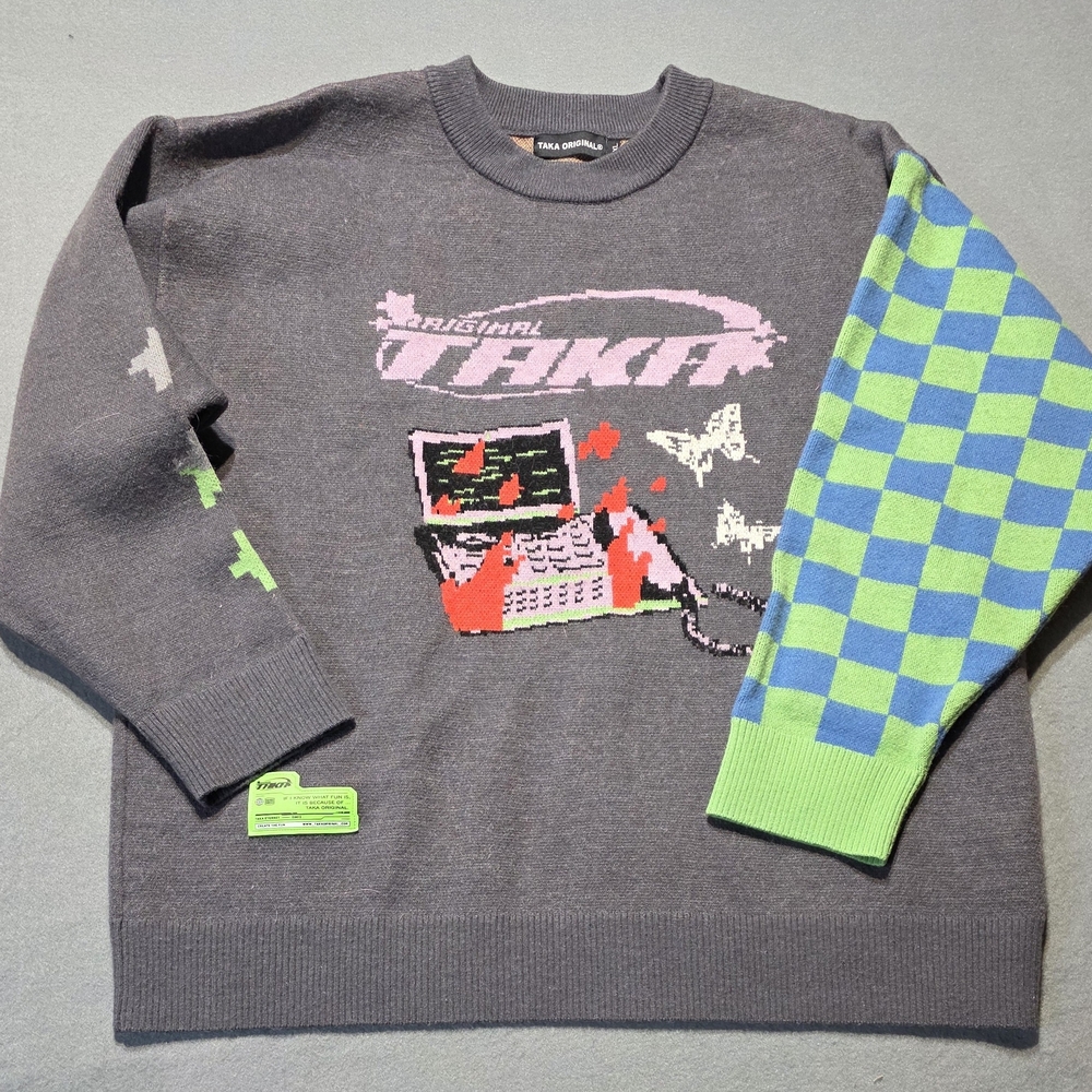Taka Original XL Gray Sweater with Neon Green Checkered PTP 25 - Picture 3 of 7